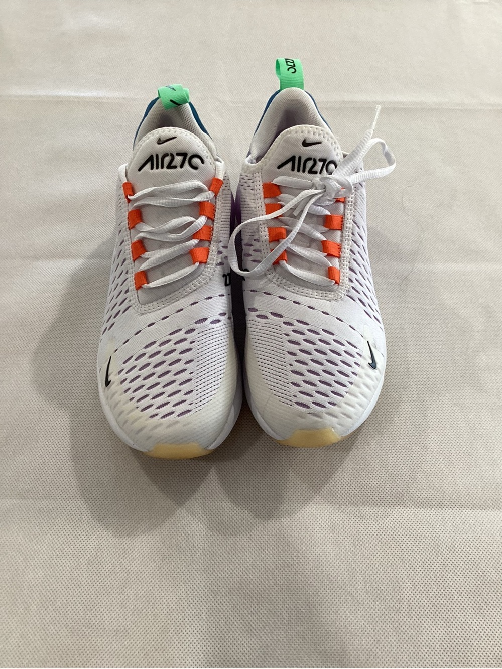 Nike Air 270 White Sneakers with Orange Lace Loops and Green Heel Tabs
